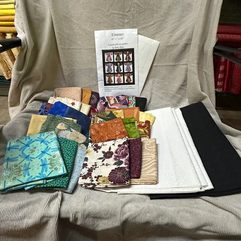 Betty Blais Kimonos Paper Pieced Quilt Pattern & Fabric Lot Embellishment Villag